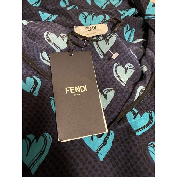 FENDI Navy Blue Heart Print Silk Cotton Cold Shoulder Shirt Dress 4 US 40IT - Picture 9 of 10